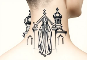 Russian orthodox church with bulb domes with a prominent russian orthodox style virgin mary stood outside with hands together tattoo idea