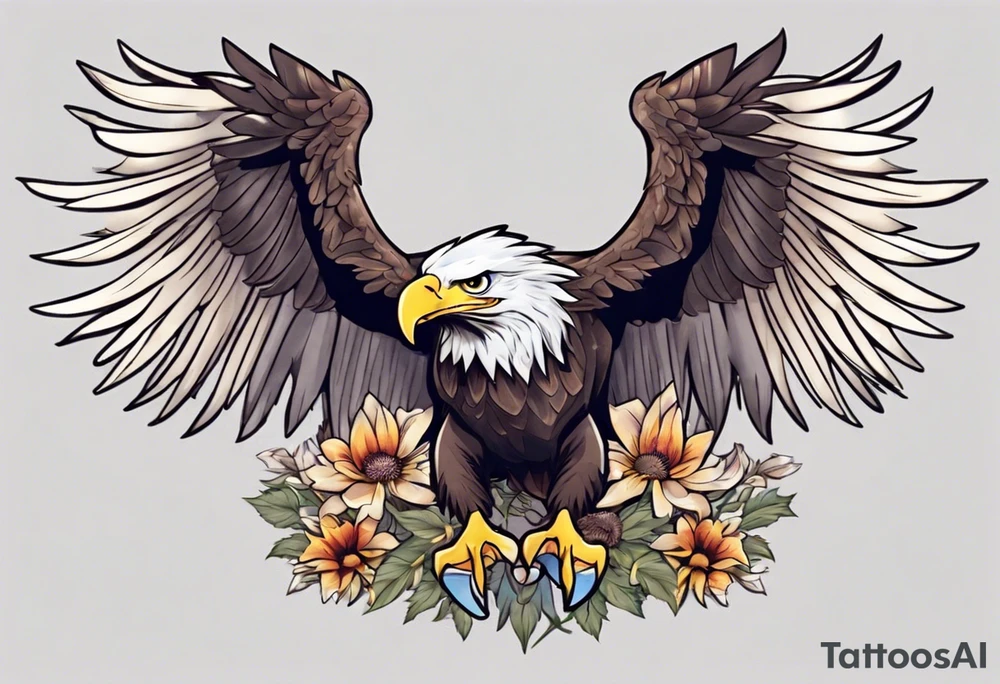 bald eagle with wings spread with mountain flowers in the background tattoo idea