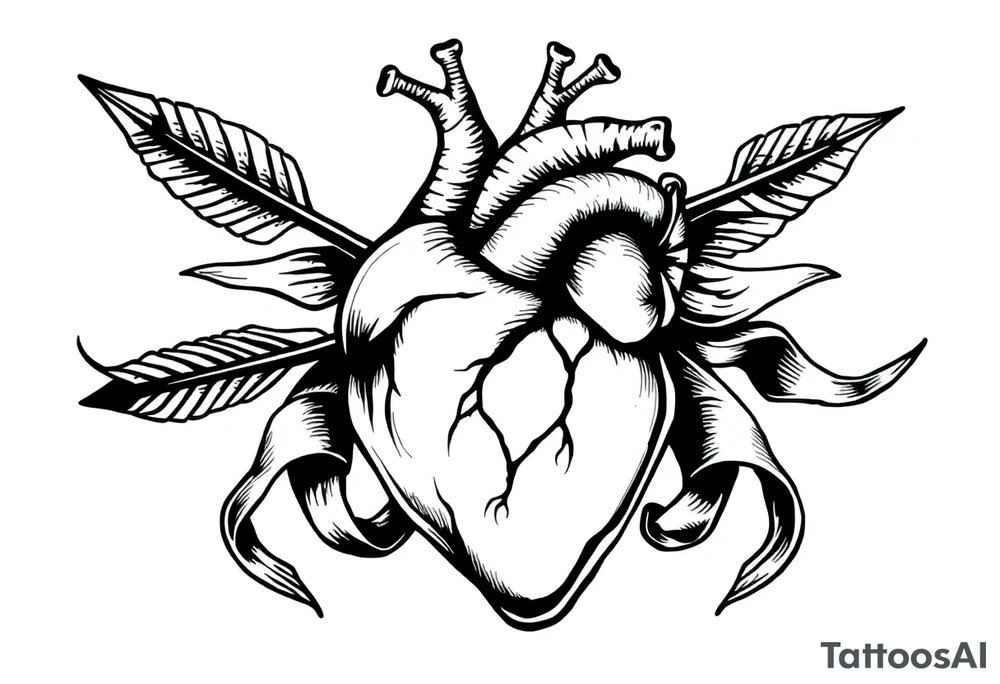 anatomical heart pierced by ornate arrow with flowing ribbons tattoo idea