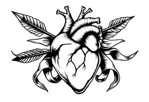 anatomical heart pierced by ornate arrow with flowing ribbons tattoo idea