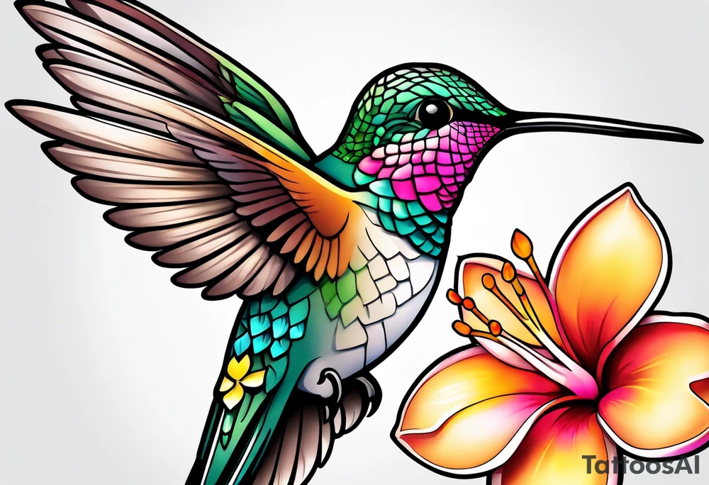 Hummingbird with a plumeria masculine style colorful tattoo idea