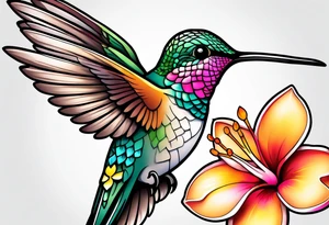 Hummingbird with a plumeria masculine style colorful tattoo idea