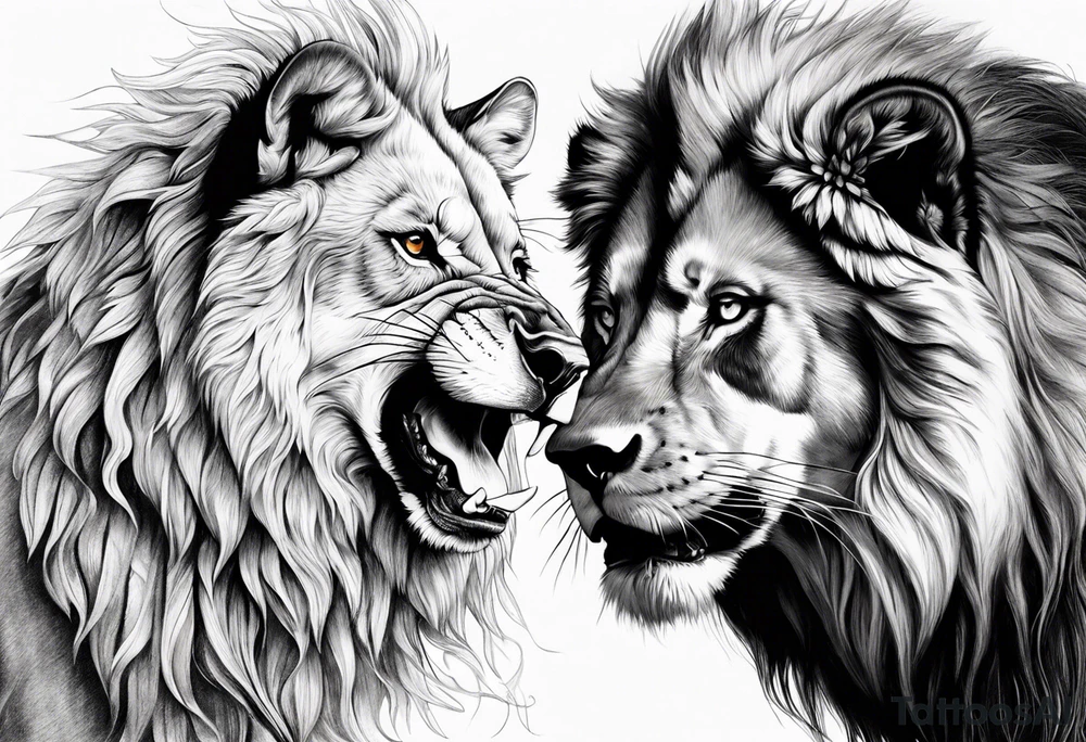 lion and wolf together but playful tattoo idea