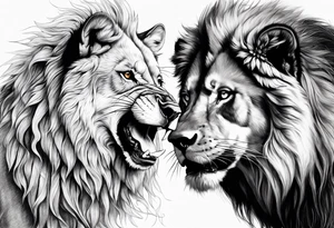 lion and wolf together but playful tattoo idea