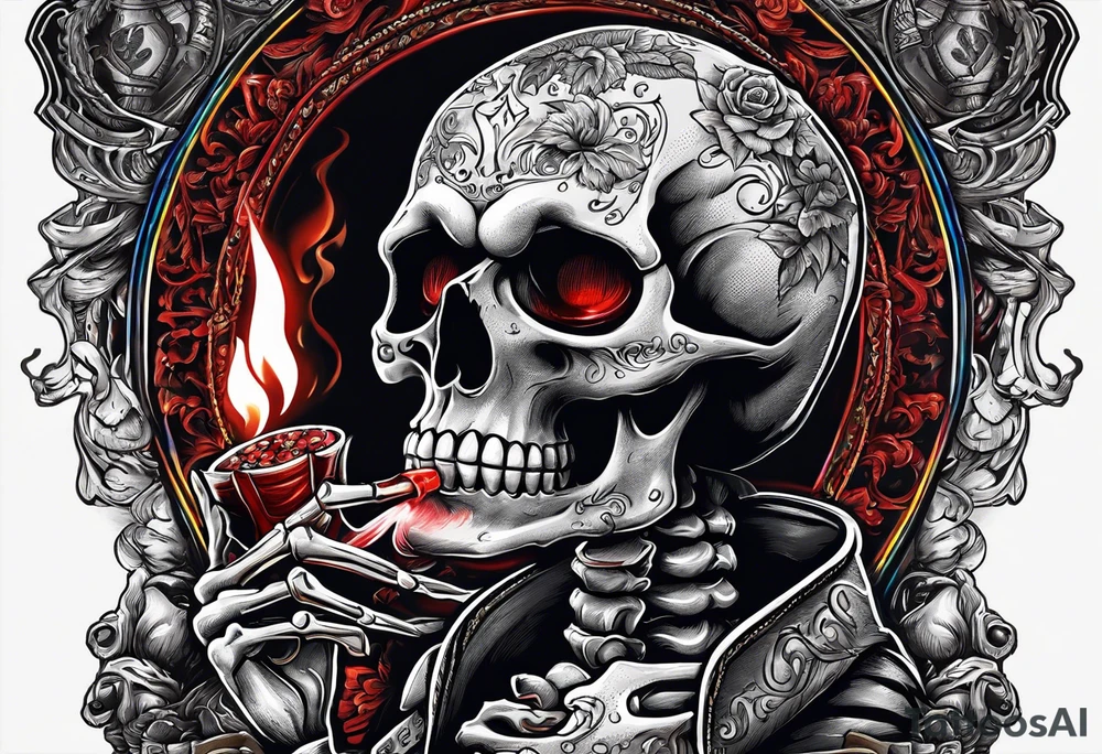skeleton smoking cigar with poker chips, dealing the cards
Phrase: "Don't deal with the devil" tattoo idea