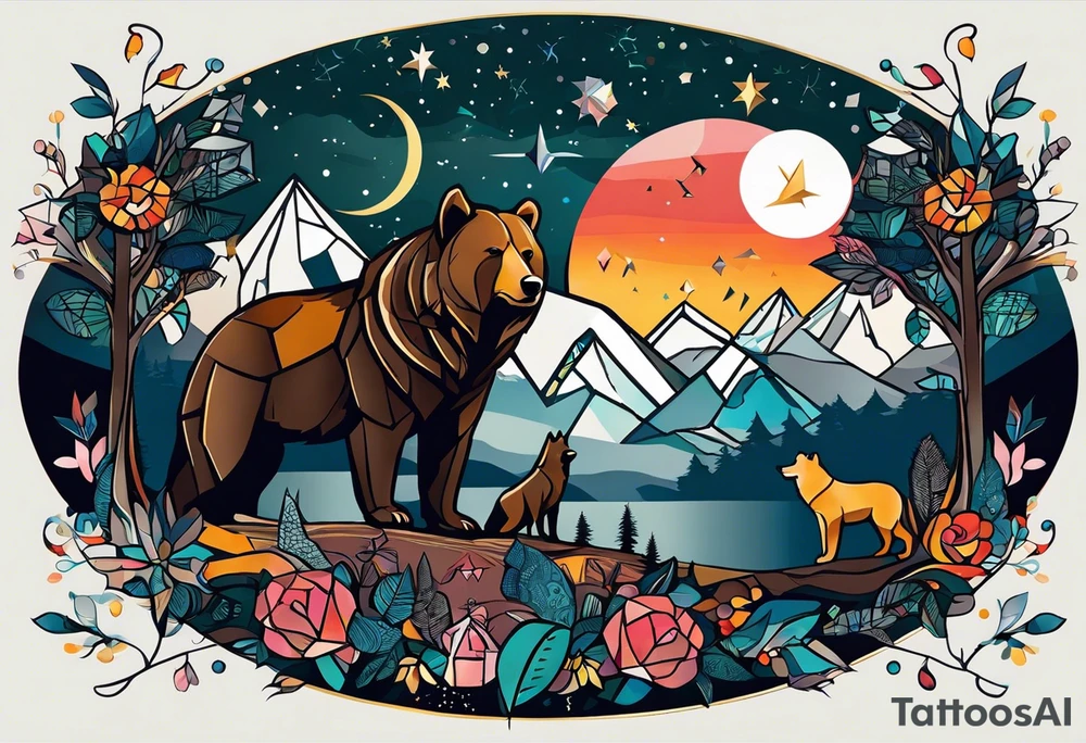 I need to create a sleeve tattoo from shoulder to wrist. The design should include space, stars, forest, sunset, mountains, cliffs, waterfall, water, ocean, wild animals (bear, wolves, elephant), and inserts of triangles and geometric figures. I have two children – a son, Sergei (the eldest), and a daughter, Anna, who live with me and my wife. But I also have another daughter, Marianna, whom I haven't seen for a long time and eagerly await to meet. The tattoo should symbolize love and protection for my children and family, the desire to secure their future, and confidence in tomorrow. It should reflect the notion of not looking back, but always moving forward and achieving goals! tattoo idea