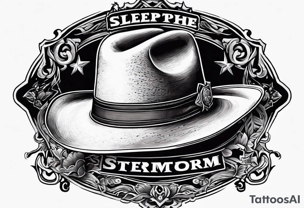 Ruggred cross with a cowboy hat that says sleep through the storm tattoo idea