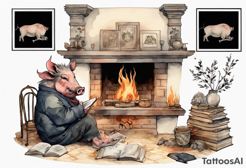 an old boar with tusks sitting by a fireplace reading a book tattoo idea