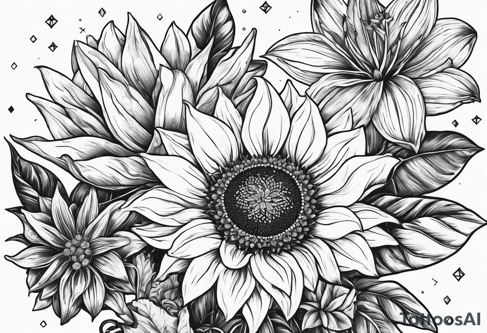 Small cluster containing a sunflower, lily, pot leaf, and diamonds tattoo idea Small cluster containing a sunflower, lily, pot leaf, and diamonds tattoo idea