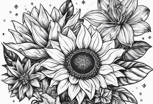 Small cluster containing a sunflower, lily, pot leaf, and diamonds tattoo idea