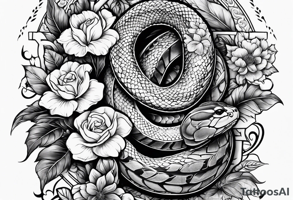 A snake and flowers around a bible verse in the middle tattoo idea