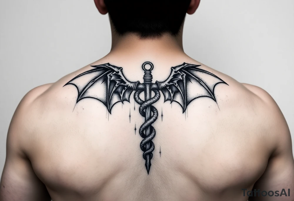 Gothic emo Caduceus on forearm with demon wings tattoo idea