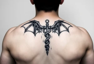 Gothic emo Caduceus on forearm with demon wings tattoo idea