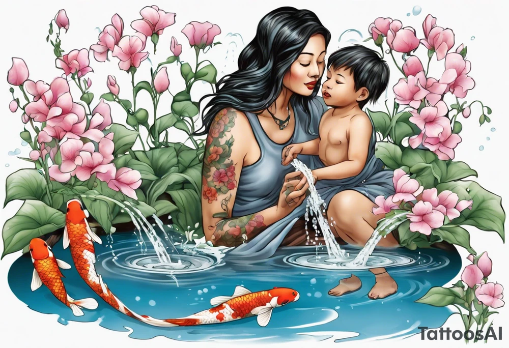ethnic 
water-bearing woman and two little boys, watering sweet pea flowers cascading down, surrounding a pond with 2 koi fish swimming tattoo idea