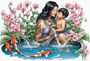 ethnic 
water-bearing woman and two little boys, watering sweet pea flowers cascading down, surrounding a pond with 2 koi fish swimming tattoo idea