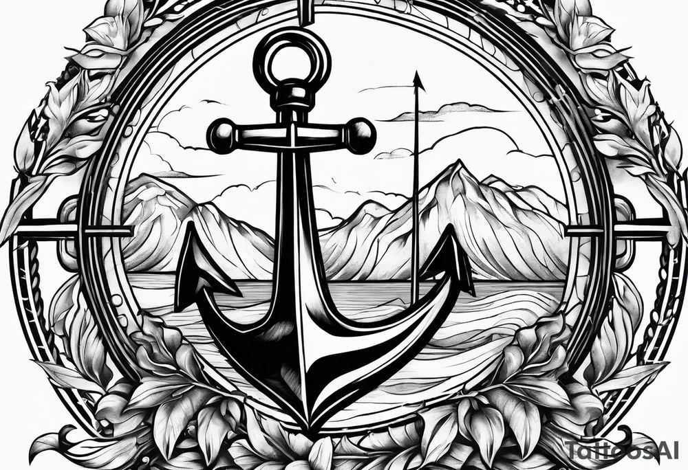 A selucid style anchor in front of a compass and a laurel wreathe wrapped around the compass tattoo idea