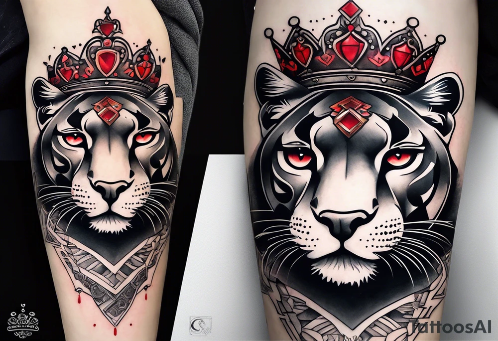 A full sleeve with a panther, a crown, a quote, a little bit of red ink, a girls eyes, an aggressive but heartfelt look tattoo idea