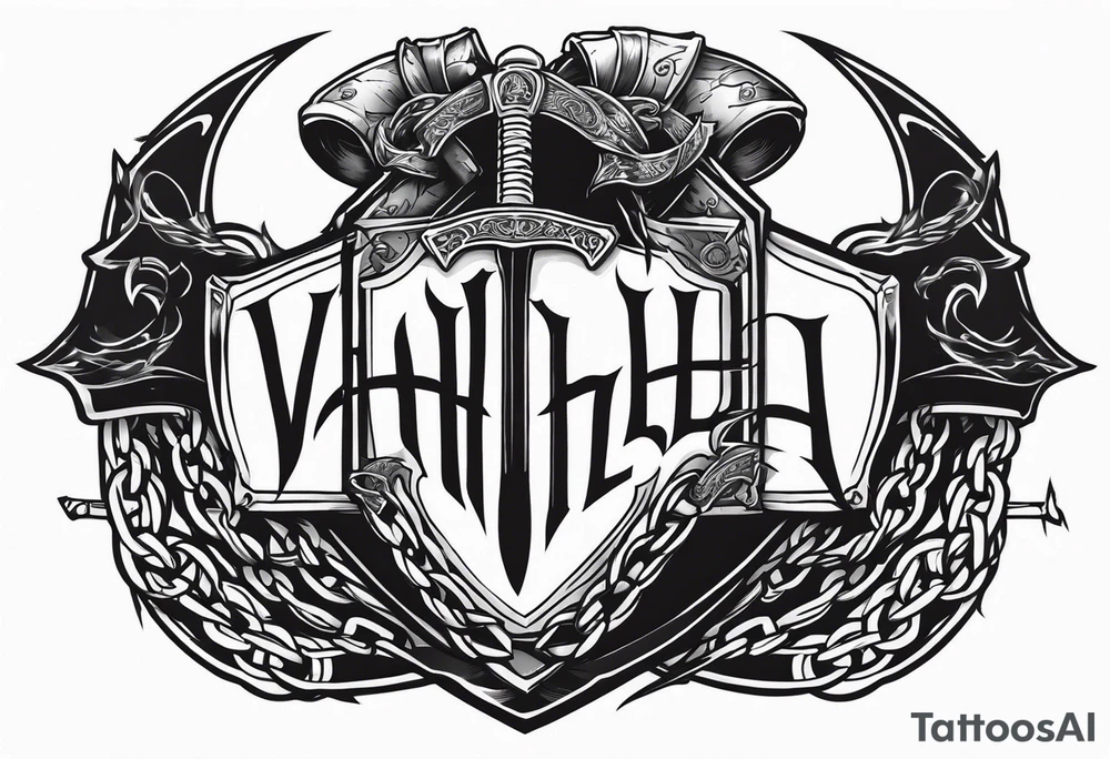 Valhalla sword shield axe barbed wire chains dark cloud tattoo idea