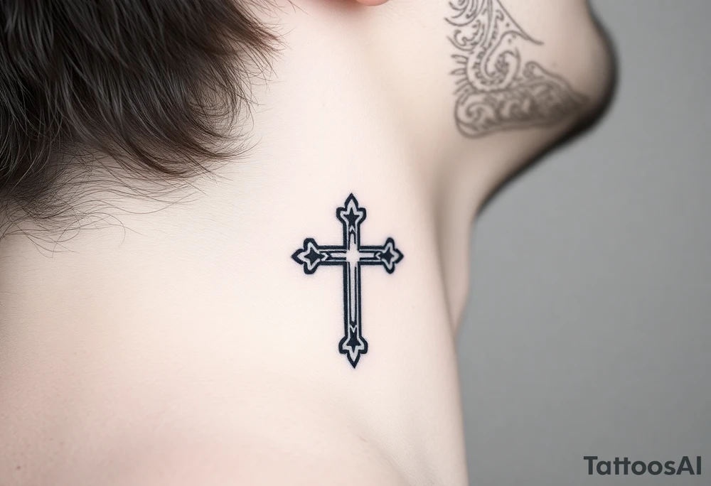 orthodox christian cross relatively small on side of left neck tattoo idea