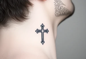 orthodox christian cross relatively small on side of left neck tattoo idea