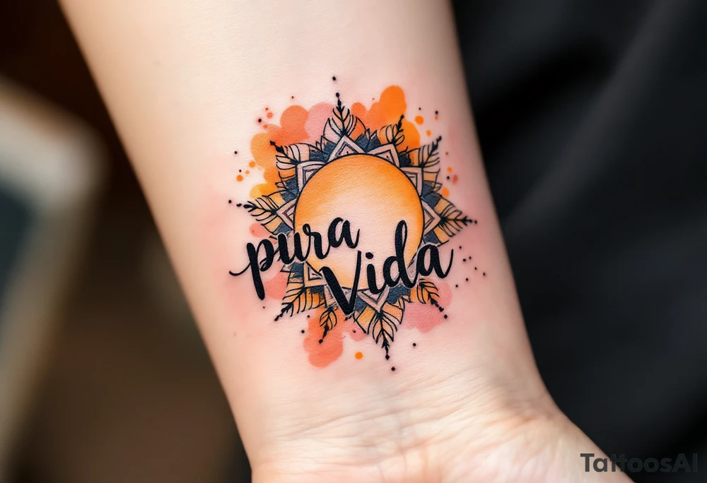 Boho-style “Pura Vida” with a mandala sun in ochre, terracotta, and soft pink behind it. tattoo idea