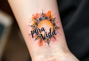 Boho-style “Pura Vida” with a mandala sun in ochre, terracotta, and soft pink behind it. tattoo idea