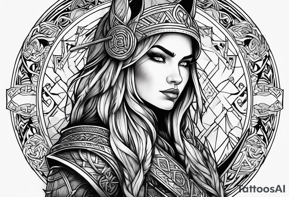 viking woman warrior wolf crow axe tattoo idea