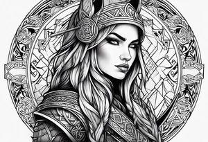 viking woman warrior wolf crow axe tattoo idea