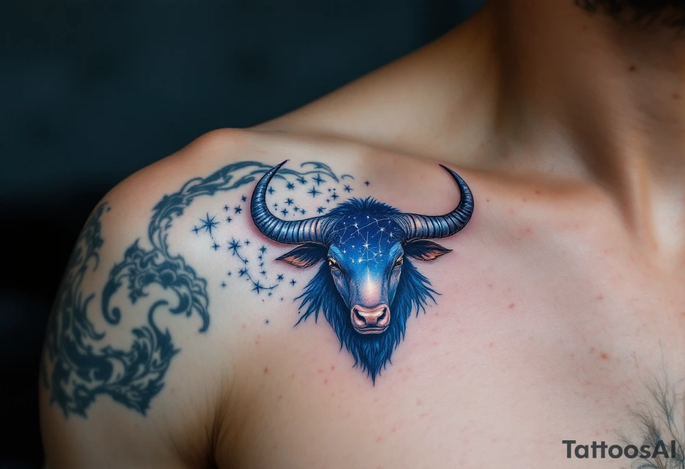 In the indigo sky, the silver horns of Taurus reach toward its star constellation with earthy determination. tattoo idea