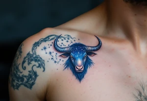In the indigo sky, the silver horns of Taurus reach toward its star constellation with earthy determination. tattoo idea