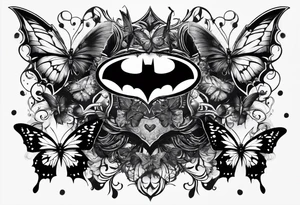 Batman symbol with butterflies and haha joker symbols and less details tattoo idea
