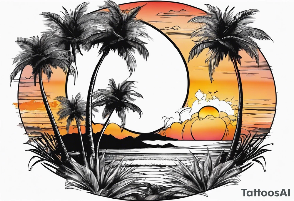 Circle: Sunset on beach palm trees tattoo idea