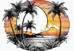 Circle: Sunset on beach palm trees tattoo idea