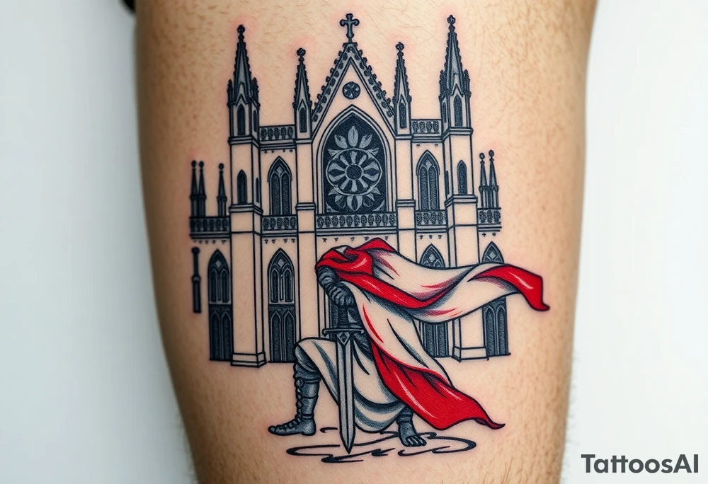 A knight kneeling before a grand Gothic cathedral, his sword planted into the ground, his white and red surcoat flowing in the wind tattoo idea