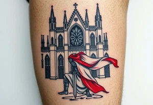 A knight kneeling before a grand Gothic cathedral, his sword planted into the ground, his white and red surcoat flowing in the wind tattoo idea