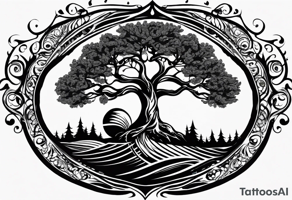 A tattoo design that incorporates the following elements: an abstract tree of life that has roots emerging  from the ground. Waves of water encapsulate the tree and wind around it in an organic way.  Incorporate music.   the letters U and A are overlapping and engraved into the tree. a golf ball incorporated but not prominent. tattoo idea