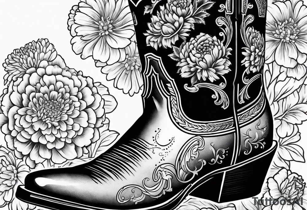 Cowboy boot with bouquet of chrysanthemum, carnations and marigolds inside boot tattoo idea