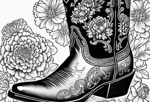 Cowboy boot with bouquet of chrysanthemum, carnations and marigolds inside boot tattoo idea