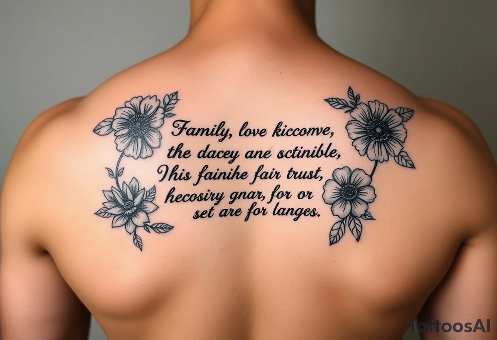 Meaningful quotes that has meanings such as family, love, kindness, fairness, respect, trust, loyalty, humour, honesty, hardworking, thoughtful, sharing and it has some flowers as a background or just around it thats on the ribs tattoo idea