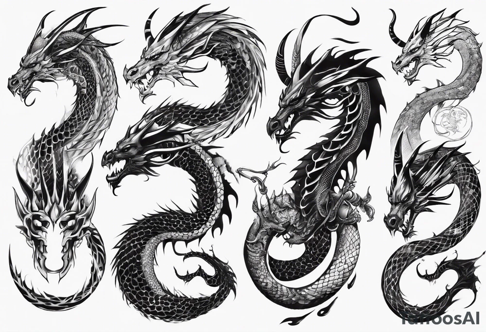 long dragon with horns, mane, scales all over the body tattoo idea
