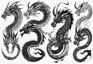 long dragon with horns, mane, scales all over the body tattoo idea