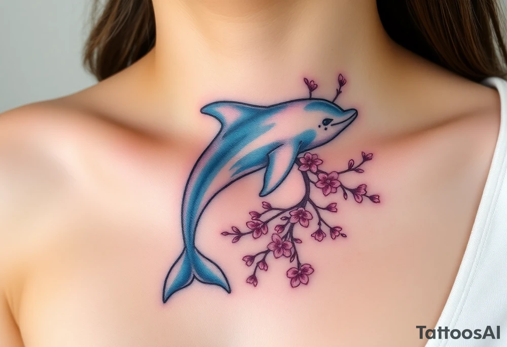 A dolphin intertwined with delicate cherry blossom branches, combining ocean and floral elements tattoo idea