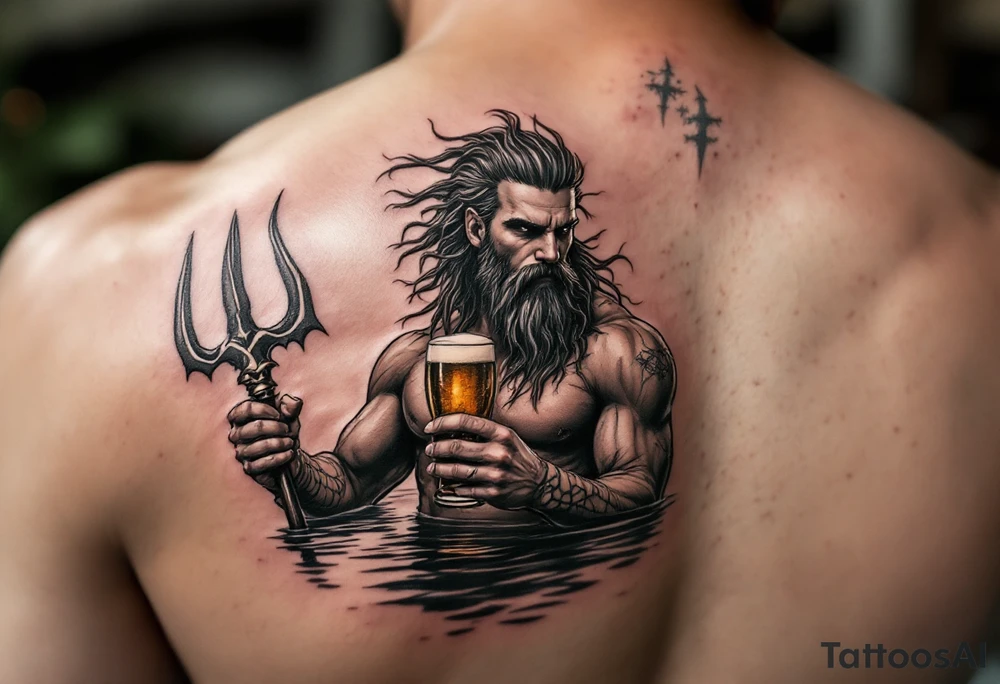 young, fit poseidon in calm water, holding a trident, drinking a beer, with sunset tattoo idea
