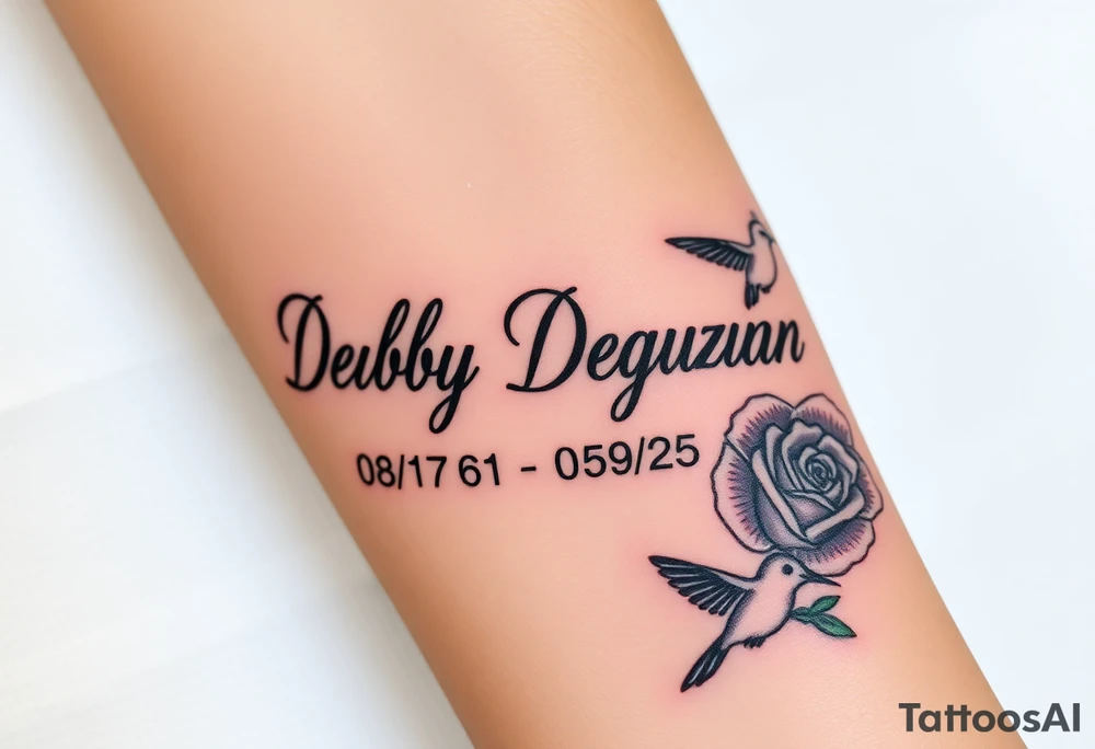 Tattoo of the exact name Debby Deguzman in chunky curly cursive with the exact dates of 08/17/61-05/29/25 surrounded by 1 hummingbird and 1 rose tattoo idea