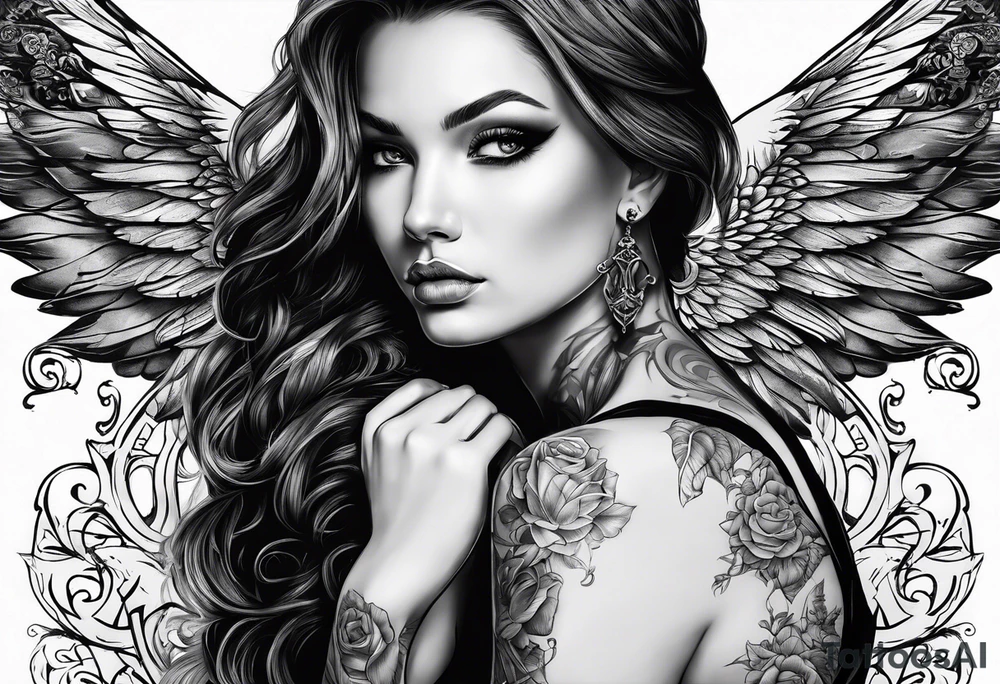 Tattooed portrait Angel with The name « Leah » is written in gothic letters. tattoo idea