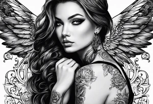 Tattooed portrait Angel with The name « Leah » is written in gothic letters. tattoo idea