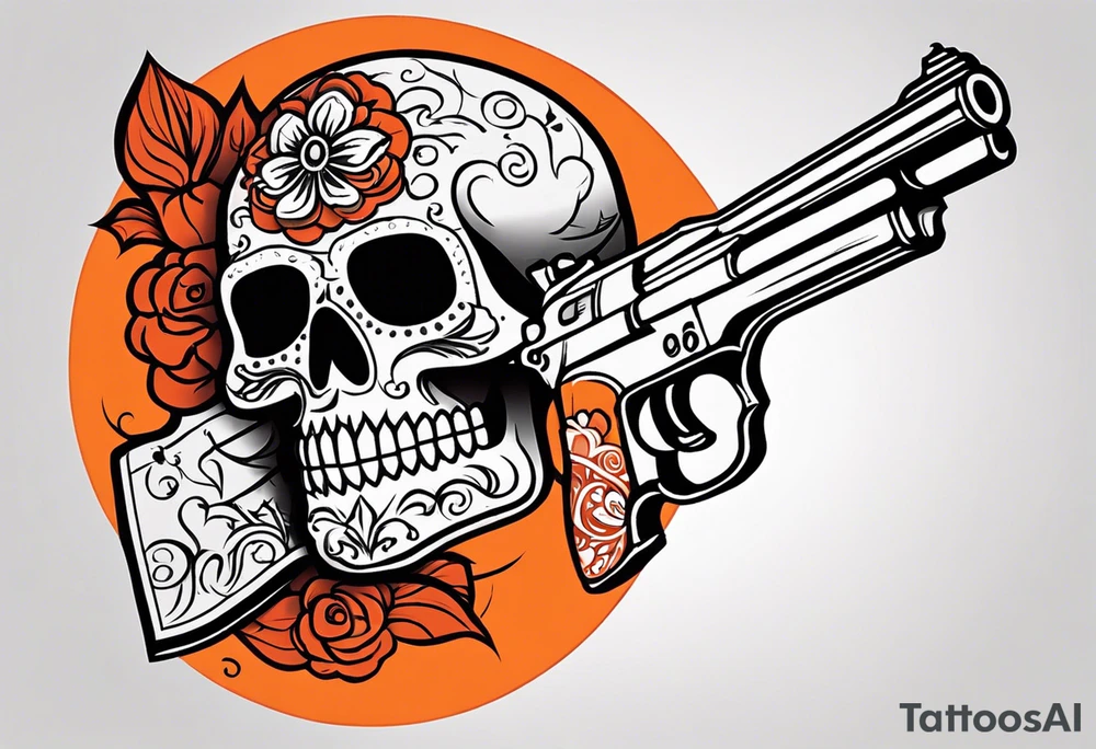 Orange Sugar skull with guns that are orange and red with smoke around it tattoo idea