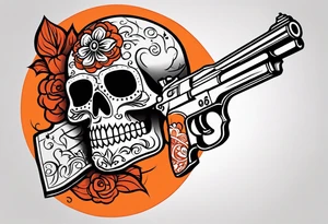 Orange Sugar skull with guns that are orange and red with smoke around it tattoo idea