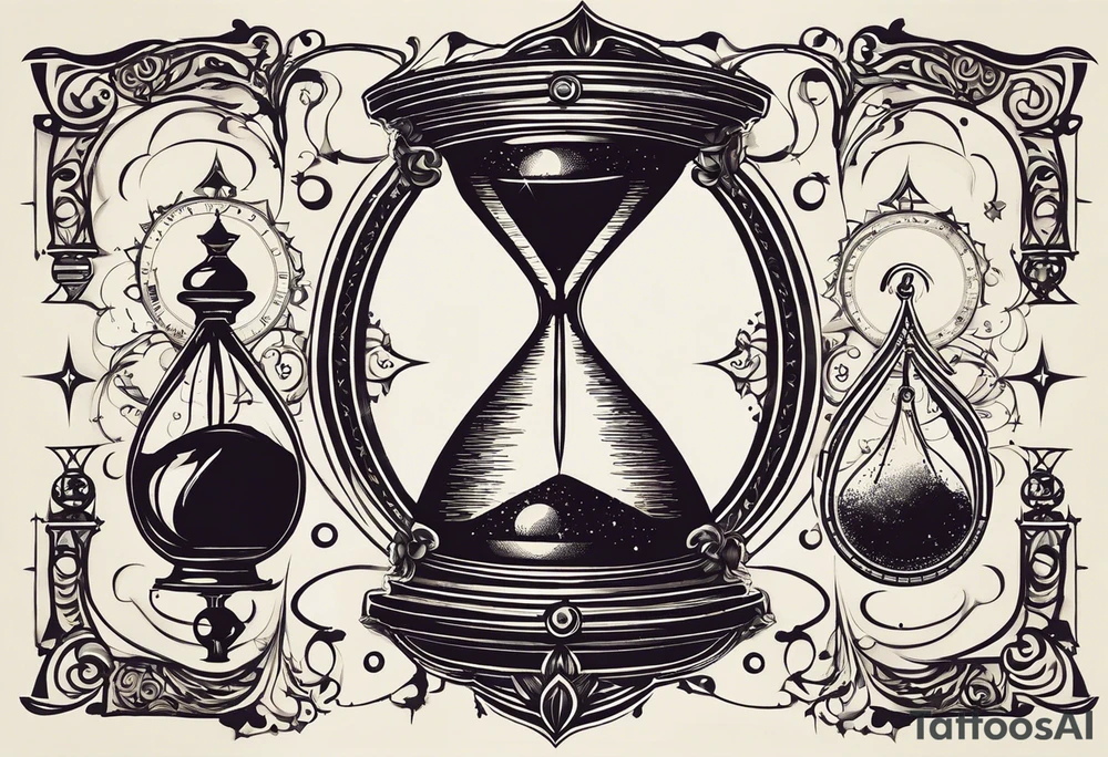 I want a tattoo-inspired design for a t-shirt that features a bold and detailed hourglass with a hand clock in the center, using Amazigh numerals for the clock numbers. The hourglass should have a strong, shaded look, with sharp lines resembling tattoo art. Planets and stars should orbit around the hourglass, giving it a cosmic and timeless feel. The design should be intricate, focusing on the flow of time and the universe, with the planets adding depth and movement. The overall aesthetic should be bold and detailed, in a blackwork tattoo style, without any flowers."black and whit design tattoo idea