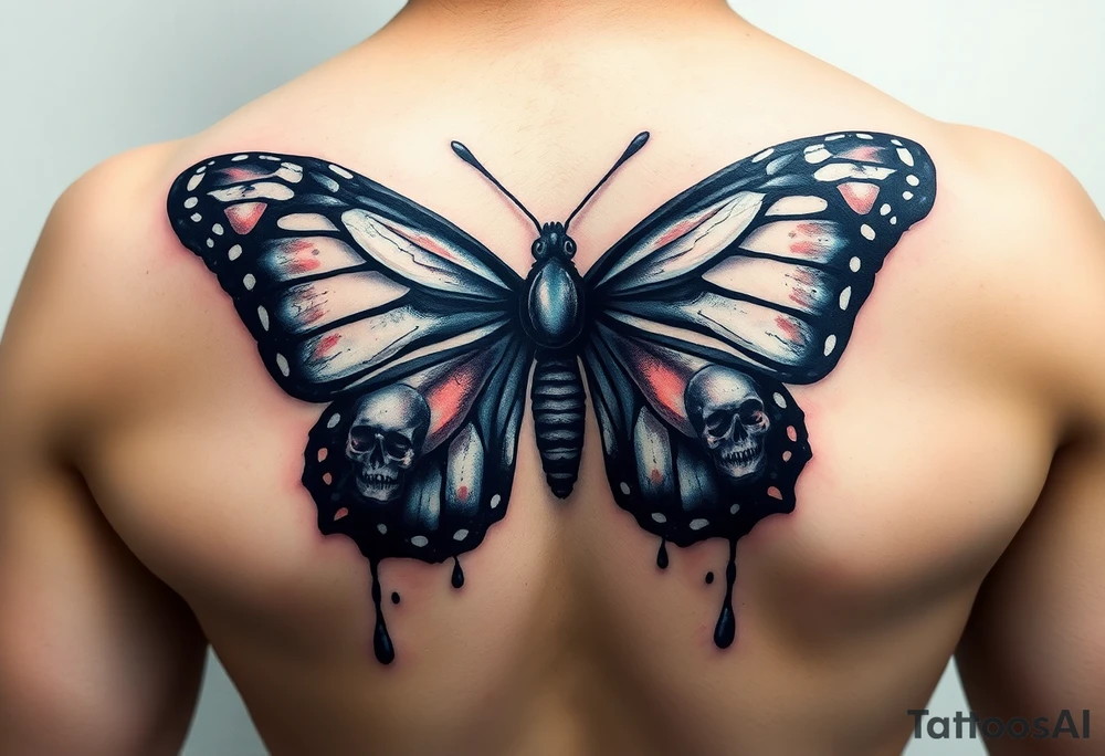 powerful majestic and dark monarch butterfly with skull detail in the wings
hidden skulls in wings, with a dripping effect, including blue, red and white colouring tattoo idea